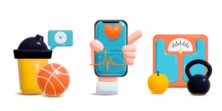 Illustration for Fitness objects cartoon set of three compositions with plastic cup ball scales kettlebell hand holding smartphone showing heartbeat rate isolated vector illustration - Royalty Free Image
