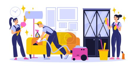 Cleaning service workers tidying up living room vacuuming sofa wiping furniture flat vector illustration