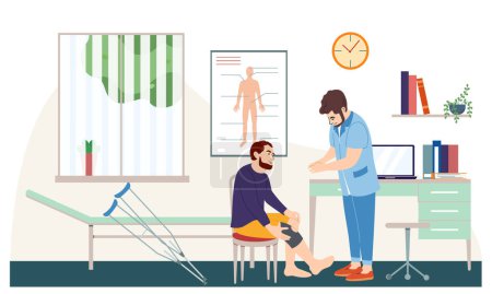 Illustration for Orthopedic therapy rehabilitation flat composition with indoor view of doctors office interior with man damaged legs vector illustration - Royalty Free Image