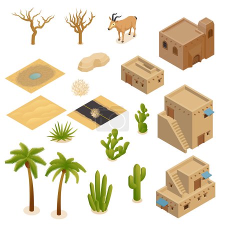 Illustration for Desert landscape isometric set of mud brick buildings plants animals inhabits adapted for hot arid climate isolated vector illustration - Royalty Free Image