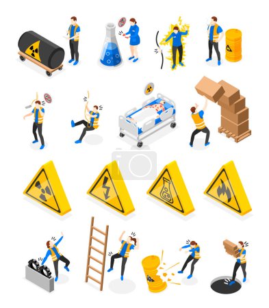 Illustration for Safety precaution at workplace isometric icons set isolated vector illustration - Royalty Free Image