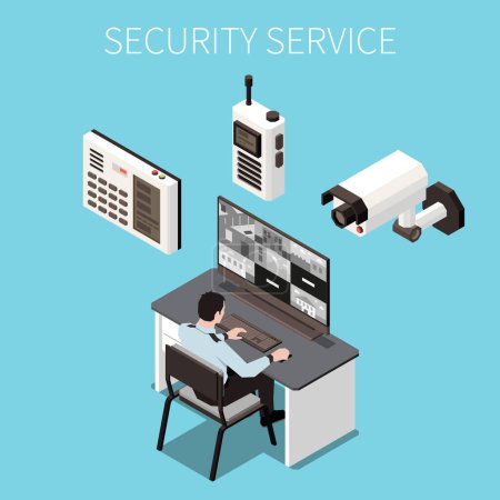 Security service design concept with office guard looking in screen of video surveillance system isometric vector illustration