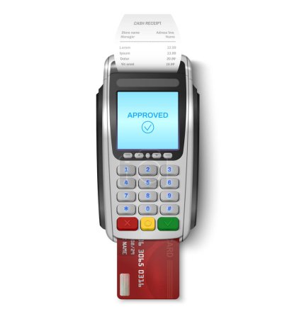 Terminal POS avec carte de crédit et reçu de caisse à l'intérieur isolé sur fond blanc illustration vectorielle