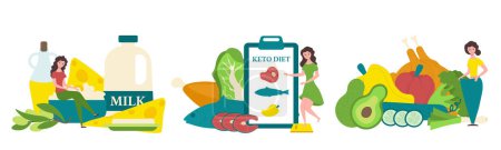 Téléchargez les illustrations : Keto icône plate de couleur jeu fille plus mince avec des produits laitiers menu de plan d'alimentation et légumes vectoriel illustration - en licence libre de droit