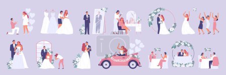 Cérémonie de mariage couleur sertie d'icônes isolées de couple nouvellement marié et leurs invités avec illustration vectorielle rituels