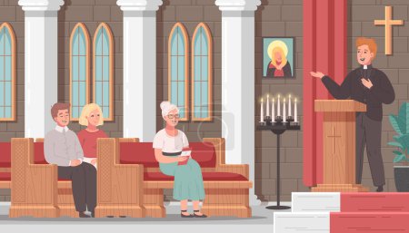 Iglesia cristiana escena de dibujos animados con el servicio de masas y sacerdote hablando ilustración vector