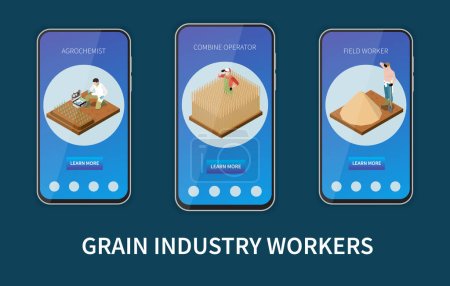 Illustration for Wheat grain industry isometric mobile app set of three smartphone screens with information about agrochemist combine operator field worker professions vector illustration - Royalty Free Image