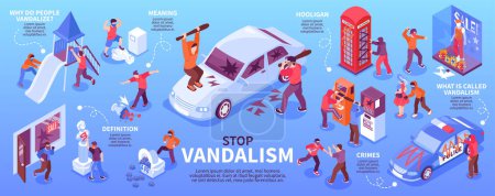 Illustration for Stop vandalism isometric horizontal infographics with hooligans damaging public property committing crimes 3d vector illustration - Royalty Free Image