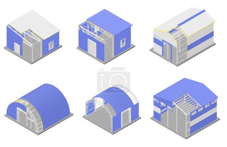 Illustration for Metal constructions icons set with steel industrial buildings symbols isometric isolated vector illustration - Royalty Free Image