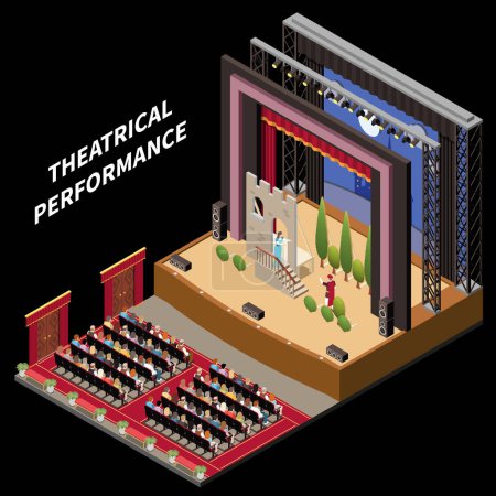 Illustration for Theatre interior stage isometric concept with classical drama performance vector illustration - Royalty Free Image