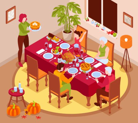 Erntedankfest isometrischer Hintergrund mit Familie am festlichen Tisch mit Truthahn und leckerem Essen Vektorillustration