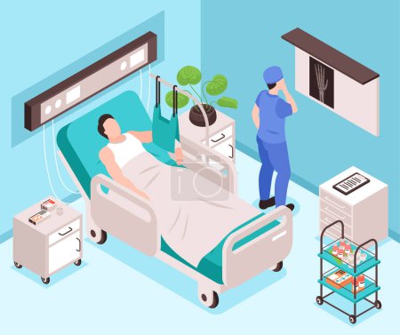 After injury isometric background with patient lying in bed and doctor examining xray of broken arm vector illustration
