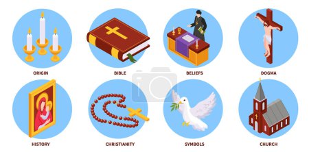 Illustration for Christianity isometric round compositions illustrated origin history dogma beliefs church symbols bible isolated vector illustration - Royalty Free Image