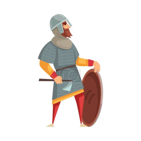Illustration for Brave medieval knight with shield and axe cartoon vector illustration - Royalty Free Image