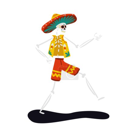 Téléchargez les illustrations : Jour mexicain de mort symbole de vacances avec squelette dansant en costume traditionnel illustration vectorielle plate - en licence libre de droit