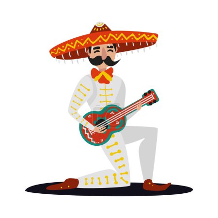 Ilustración de Hombre mexicano en traje tradicional jugando ukelele ilustración vector plano - Imagen libre de derechos