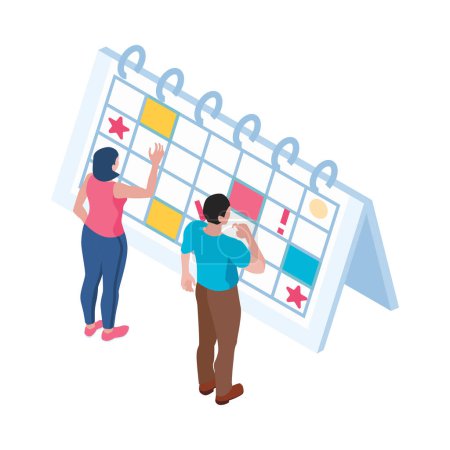 Illustration for Time management deadline planning isometric concept with two human characters and calendar 3d vector illustration - Royalty Free Image