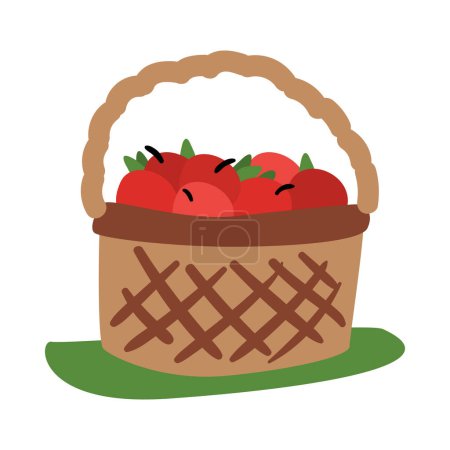Eco farming flat icon with basket of ripe red apples vector illustration