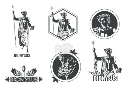 Illustration for Greek olympian god dionysus flat black and white emblems design set isolated vector illustration - Royalty Free Image