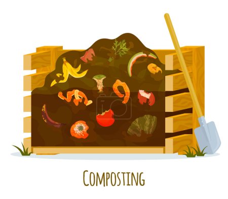 Téléchargez les illustrations : Compostage de compost isolé composition plate avec pieu avec terre et déchets et déchets décomposés illustration vectorielle - en licence libre de droit
