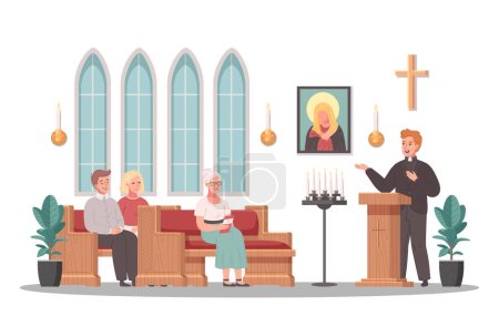 Téléchargez les illustrations : Scène de dessin animé d'église chrétienne avec prêtre servant sur l'illustration vectorielle de service de masse - en licence libre de droit