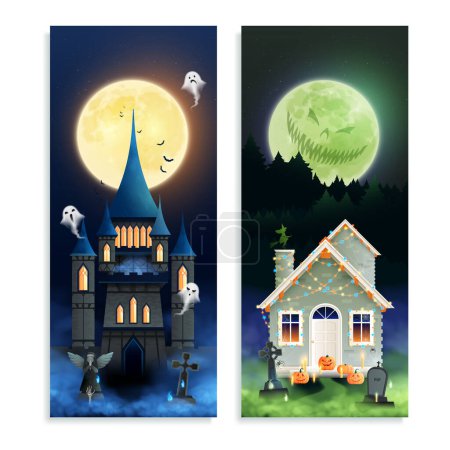 Ilustración de Banderas verticales de dibujos animados de Halloween con fantasmas en el antiguo castillo mágico y la casa del festival decorado con lámparas de colores ilustración vectorial de dibujos animados - Imagen libre de derechos