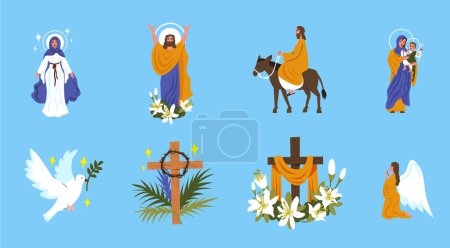 Karwoche und Ostern Thema flache Kompositionen Satz von Christus auf Esel Kreuz Krone der Dornen Engel Vektor Illustration