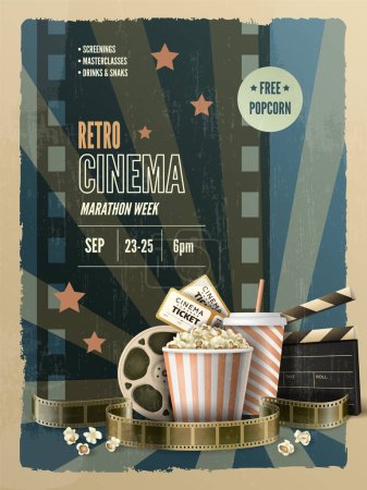 Retro cinema marathon week vertical poster with bucket of popcorn and tickets realistic vector illustration