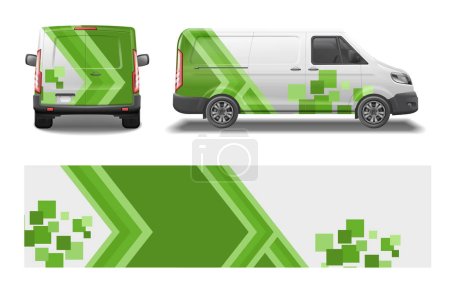Illustration for Car van mockup livery wrap design realistic set with rear and side views of branded automobile vector illustration - Royalty Free Image