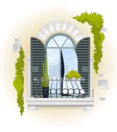Illustration for Vintage colored balcony composition white window with balcony iron fence and flowers vector illustration - Royalty Free Image