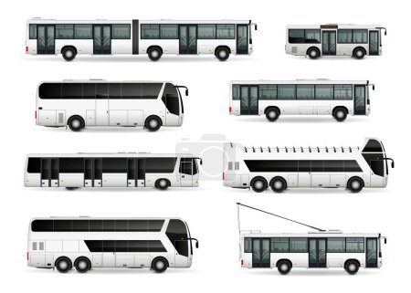Illustration for Bus mockup realistic set with isolated side view images of trolleybus cabrio mover and intercity liners vector illustration - Royalty Free Image
