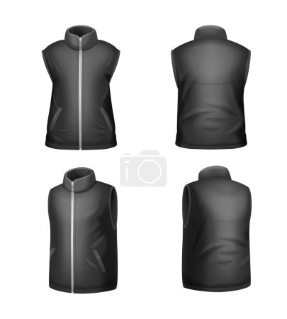 Conjunto realista de negro invierno chaqueta sin mangas maqueta aislado sobre fondo blanco vector ilustración