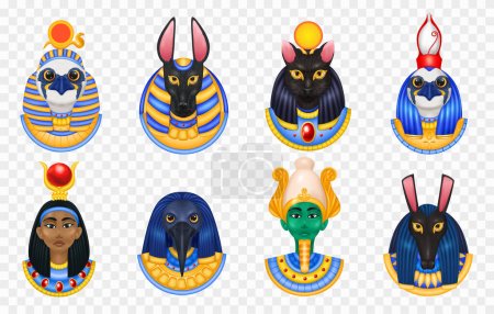 Ilustración de Egipto dioses conjunto de iconos aislados sobre fondo transparente con imágenes avatar de colores de figuras mitológicas vector ilustración - Imagen libre de derechos