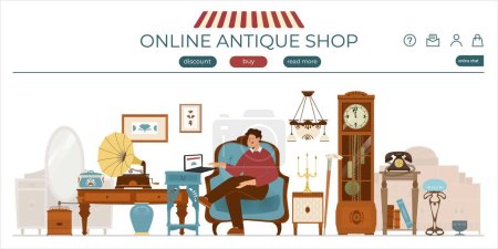 Illustration for Antique shop flat banner for landing page with clickable buttons and view of vintage furniture store vector illustration - Royalty Free Image