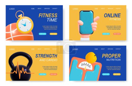 Illustration for Online fitness proper nutrition weight cardio training horizontal web site banners set in cartoon style isolated vector illustration - Royalty Free Image