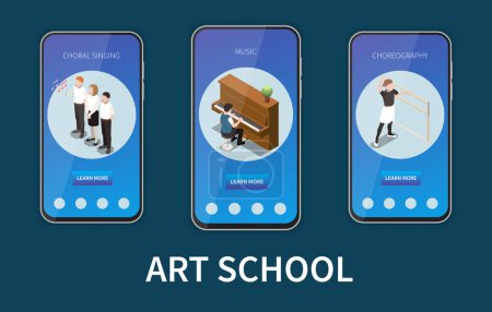 Illustration for Art school vertical website banners set with teenagers singing playing piano and dancing isolated on dark background 3d isometric vector illustration - Royalty Free Image
