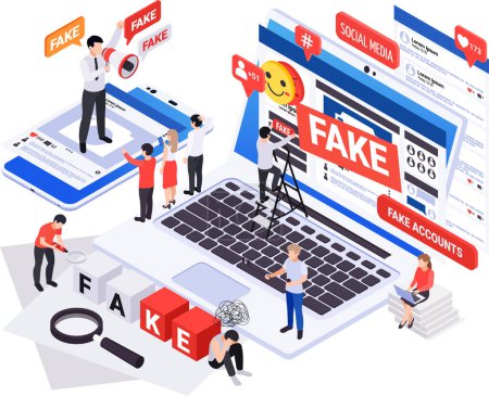 Fake news disinformation propaganda isometric composition with laptop and smartphone with social networks spreading false information vector illustration