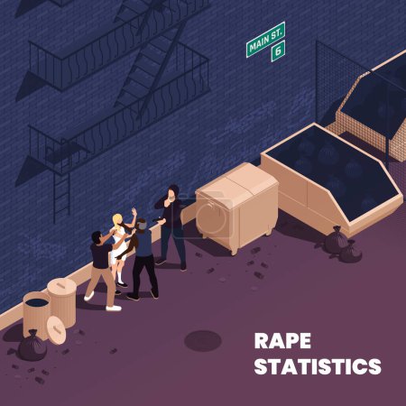 Téléchargez les illustrations : Statistiques de viol arrière-plan isométrique avec un groupe de gars agressifs attaquant femme sans défense dans l'illustration vectorielle lieu désert - en licence libre de droit