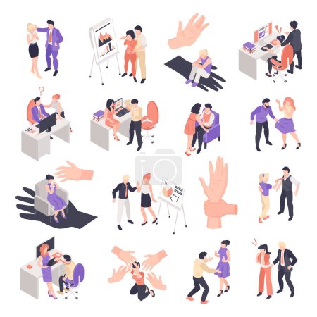Situations of sexual harassment and abuse between men and women in workplace isometric set isolated 3d vector illustration