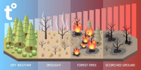 Téléchargez les illustrations : Concept isométrique de catastrophe naturelle avec illustration vectorielle sécheresse et feux de forêt - en licence libre de droit