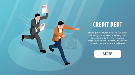 Isometric colored credit horizontal banner with credit debt headline and more button vector illustration