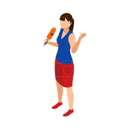 Téléchargez les illustrations : Jeune reporter femelle avec microphone illustration vectorielle isométrique 3d - en licence libre de droit