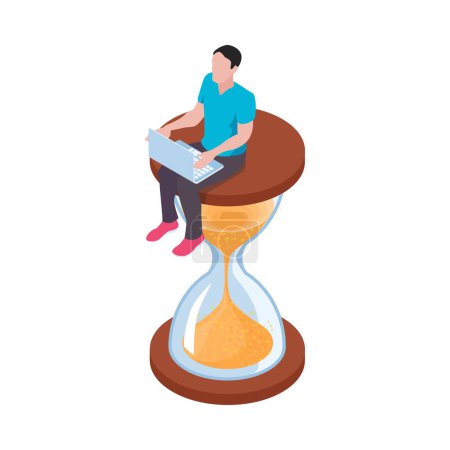 Illustration for Time management isometric concept with man sitting on hourglass with laptop 3d vector illustration - Royalty Free Image