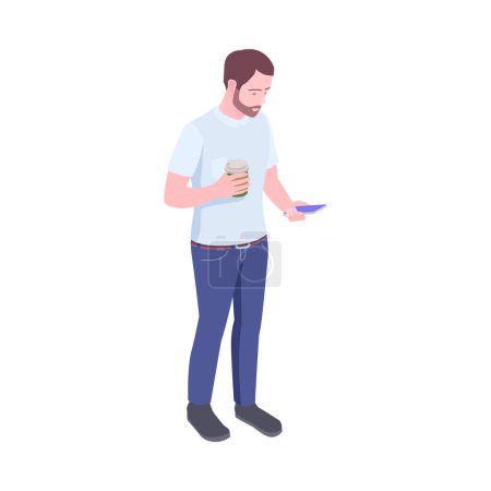 Hombre isométrico con teléfono inteligente y taza de café 3d vector ilustración