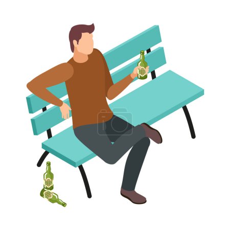 Isometrischer Alkoholiker trinkt Bier auf Bank im Park 3D-Vektorillustration