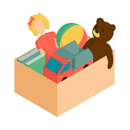 Isometric donation concept icon with toys and books in box 3d vector illustration