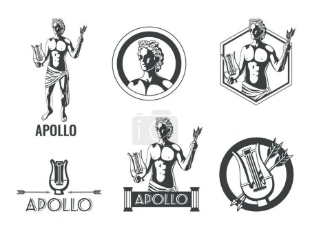 Illustration for Flat set of black and white emblems with green olympian god apollo isolated vector illustration - Royalty Free Image