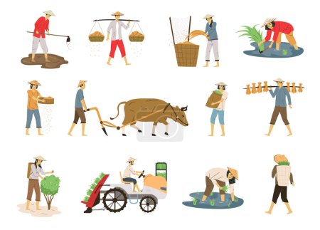 Téléchargez les illustrations : Agriculteurs asiatiques récoltant du riz labourage de thé travaillant sur le terrain plat ensemble illustration vectorielle isolée - en licence libre de droit