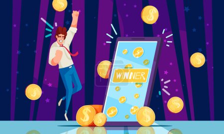 Ilustración de Lotería ganador concepto de dibujos animados con el hombre recibiendo dinero premio vector ilustración - Imagen libre de derechos