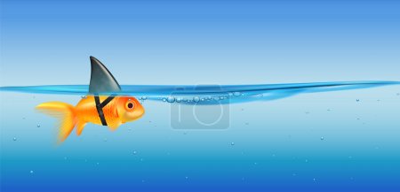Téléchargez les illustrations : Grande composition réaliste de dessin animé de rêve représentant un petit poisson doré avec une nageoire de requin à sangles sur l'illustration vectorielle - en licence libre de droit
